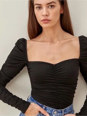 Reformation Esra Black Ruched Long Sleeve Top